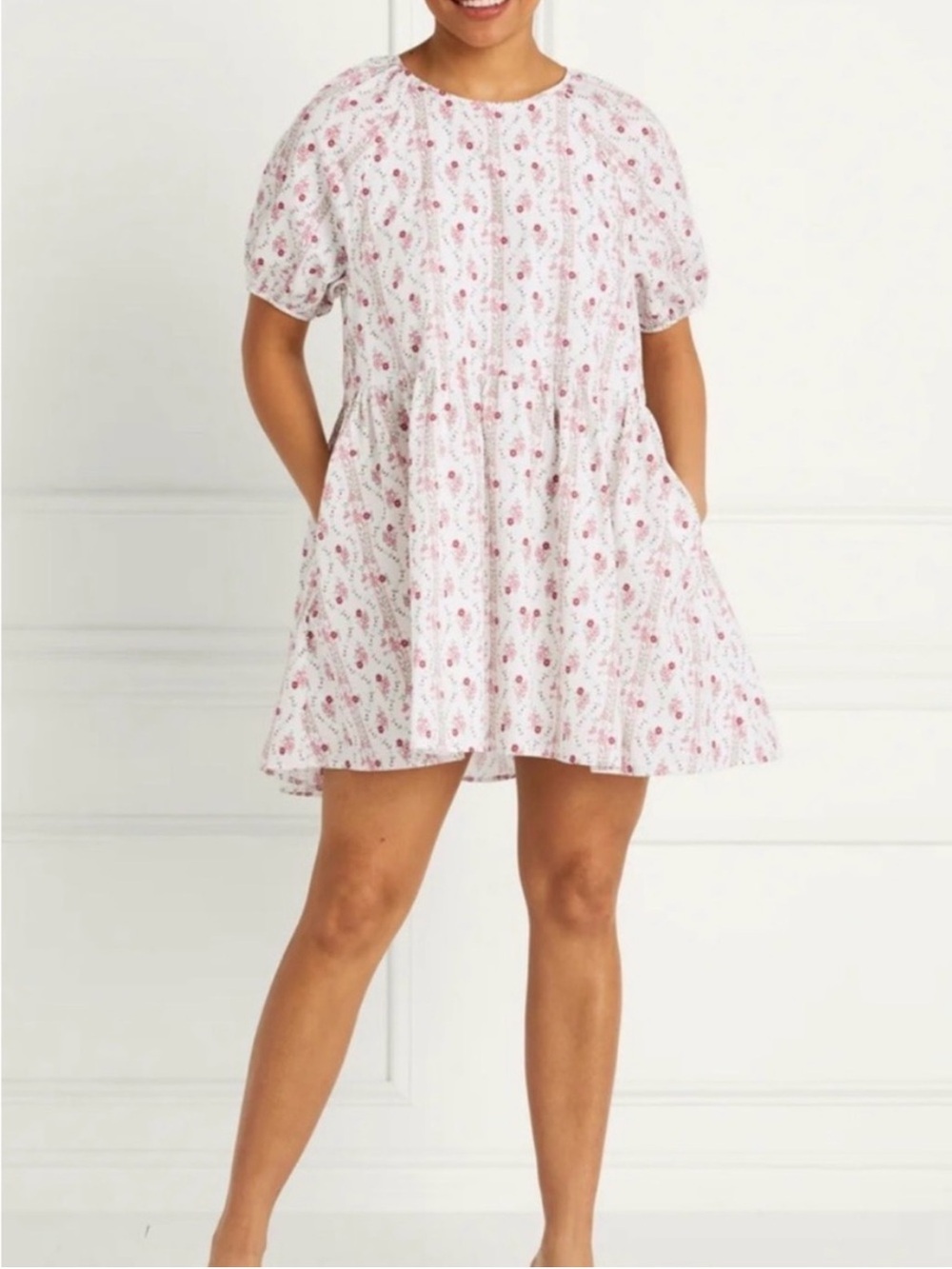 Hill House Home Floral Cotton Puff Sleeve white and pink Mini Dress Size M